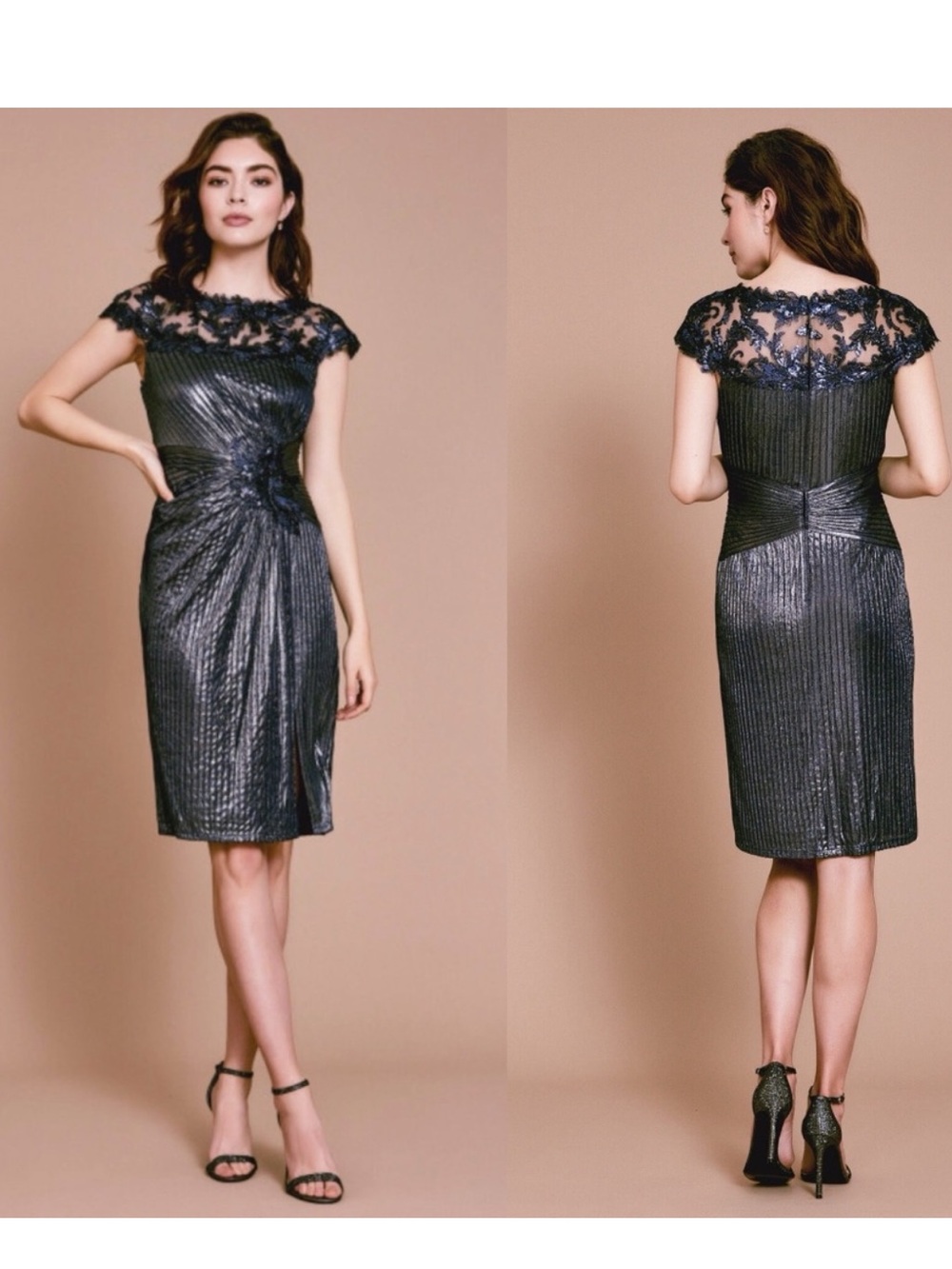 Tadashi Shoji pleated metallic dress with lace - Picture 3 of 16